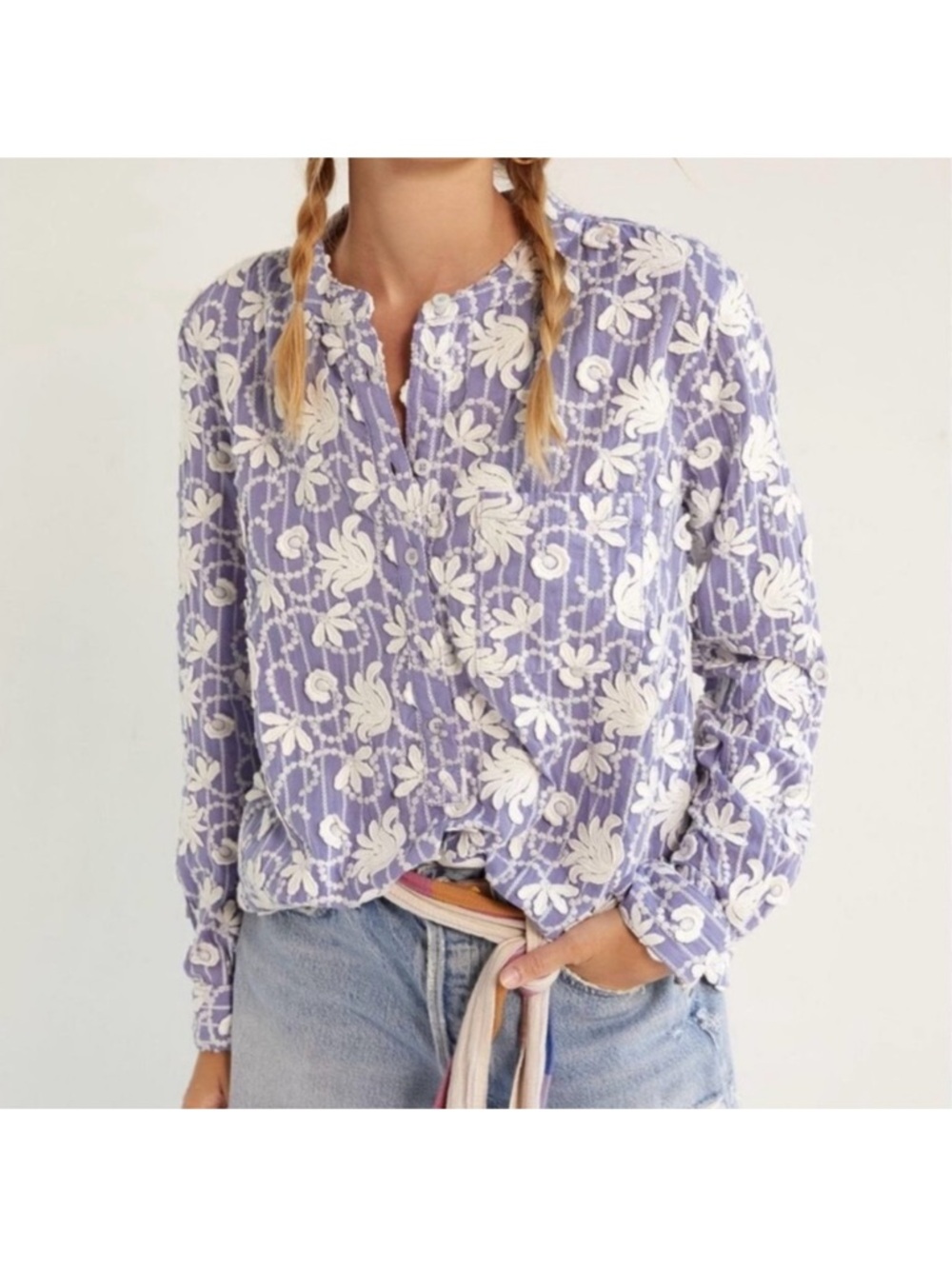 Anthropologie Pilcro Lavender Appliqué 1/2 Button Down Oversized Cottage Blouse